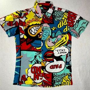 Reason Brand Mens Medium Wolf Money Calls Allover Graphic Print Button Up Shirt